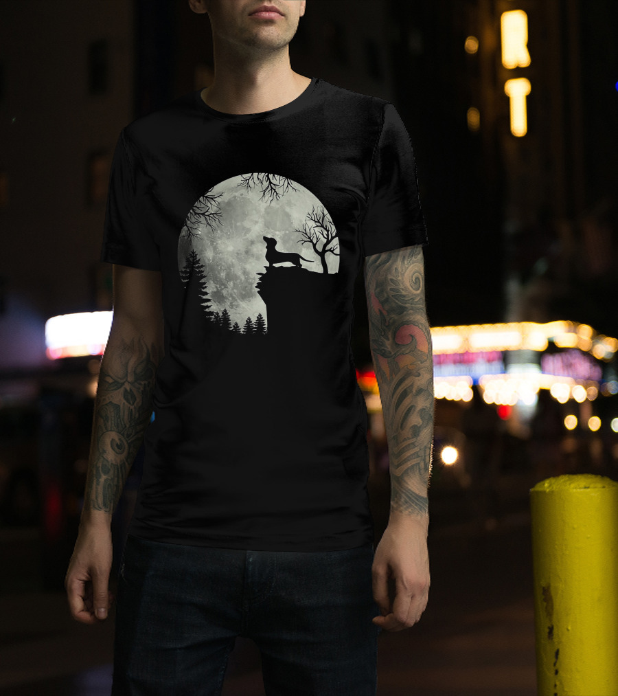 Dachshund Silhouette Howling At Full Moon In Forest Night Scene T-Shirt
