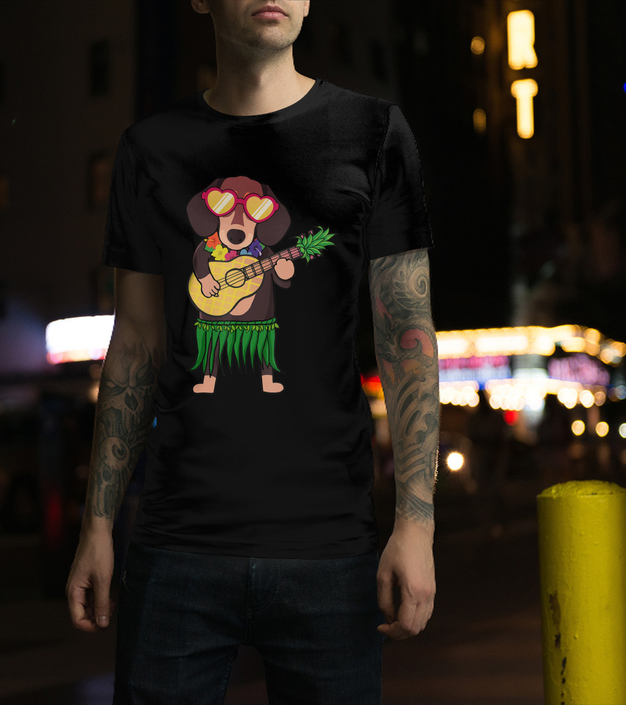 Dachshund Hawaiian Ukulele Player In Summer Costume With Sunglasses T-Shirt