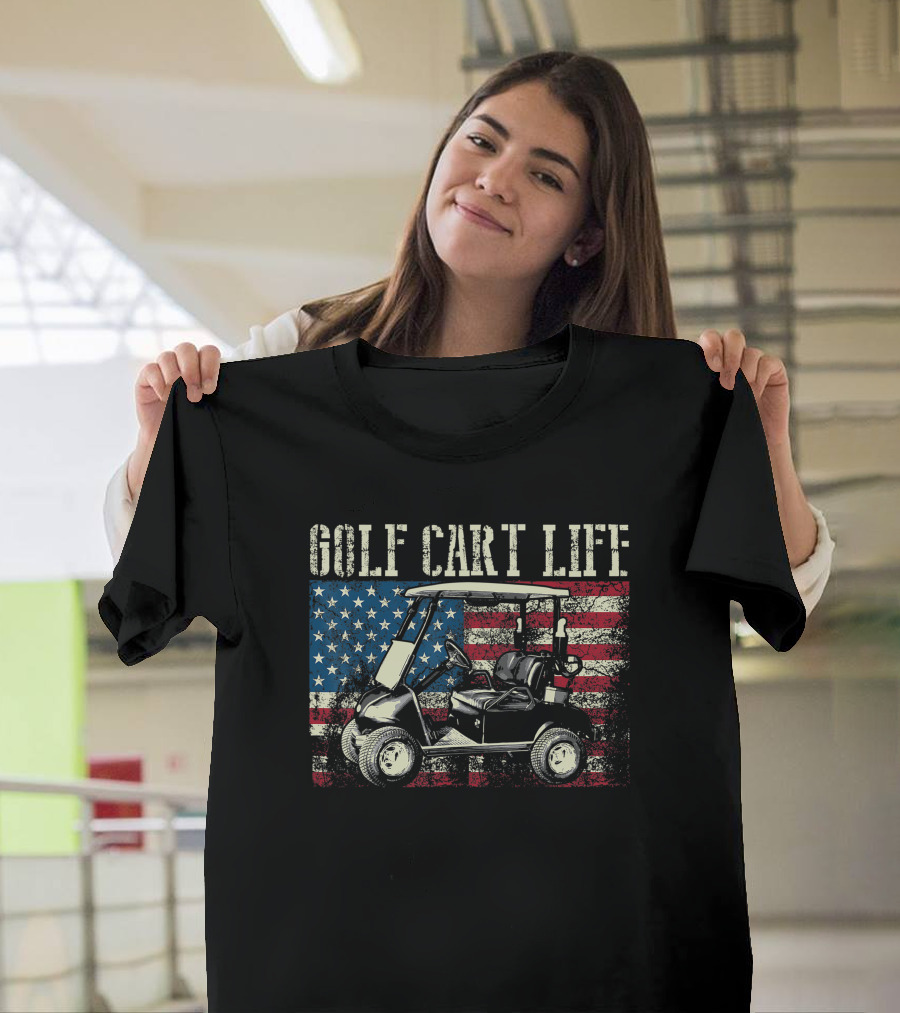 Golf Cart Life Vintage US Flag Funny Golfing T-Shirt