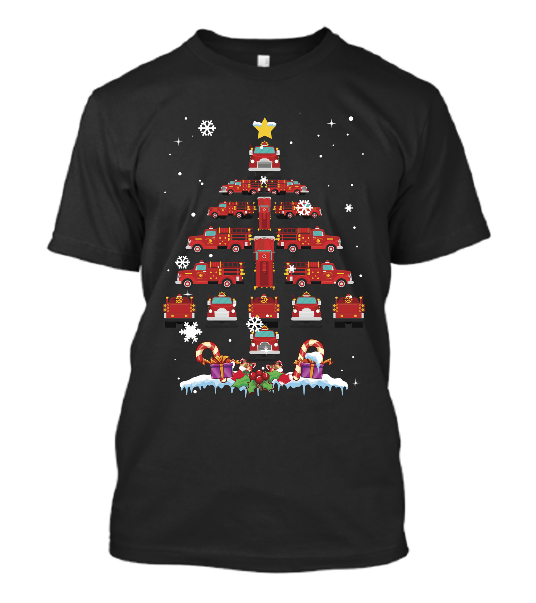 Firefighter Truck Christmas Tree With Snowflakes And Presents T-Shirt