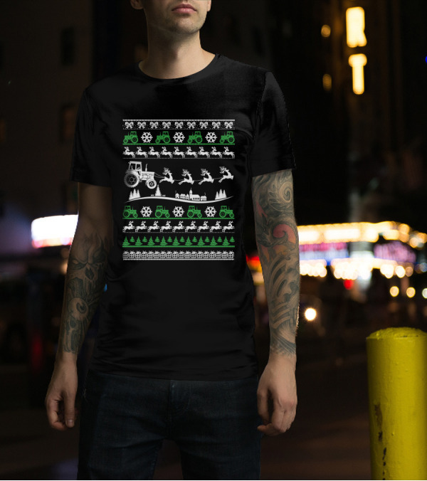 Funny Christmas Farmer Tractor Reindeer Snowflakes Trees T-Shirt