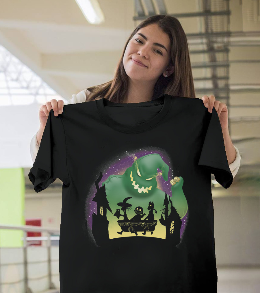 Boogie Lock Shock and Barrel Silhouette Against Green Monster and Haunted House Background T-Shirt