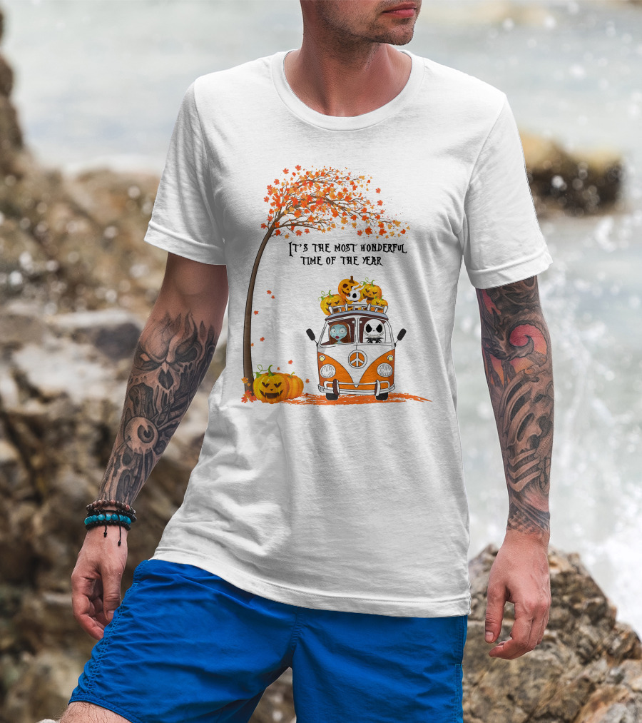 It's The Most Wonderful Time Of The Year Jack Sally Zero And Pumpkin In Van With Tree And Autumn Leaves T-Shirt