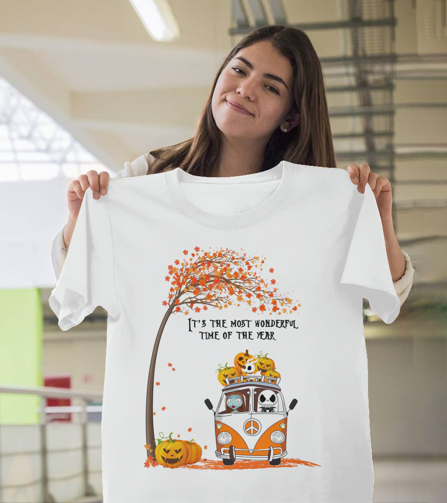 It's The Most Wonderful Time Of The Year Jack Sally Zero And Pumpkin In Van With Tree And Autumn Leaves T-Shirt