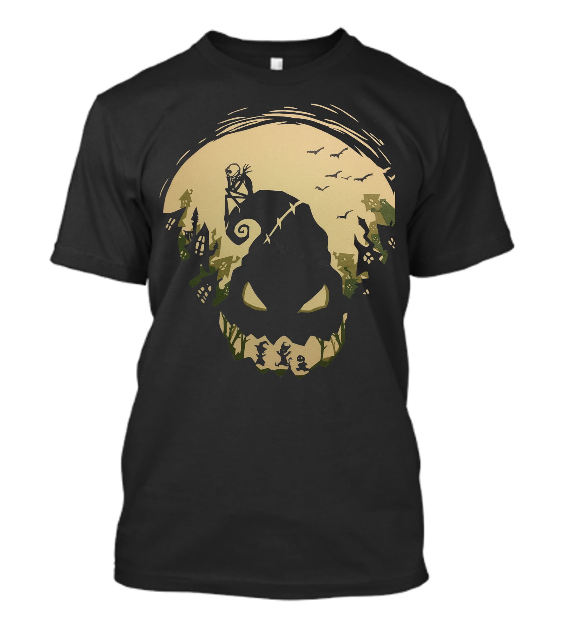 Jack Skellington Sitting On Curved Hilltop Over Oogie Boogie With Walking Figures And Bats In Spooky Moonlit Landscape T-Shirt