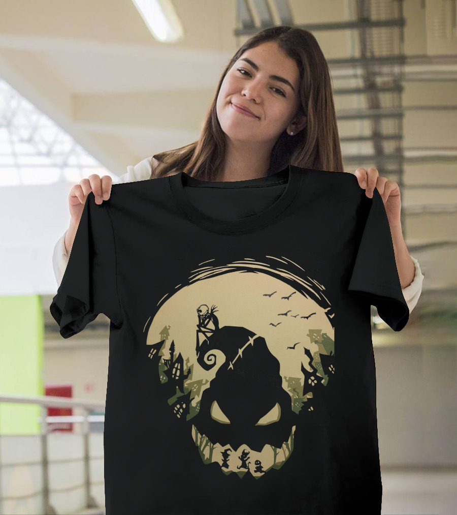 Jack Skellington Sitting On Curved Hilltop Over Oogie Boogie With Walking Figures And Bats In Spooky Moonlit Landscape T-Shirt