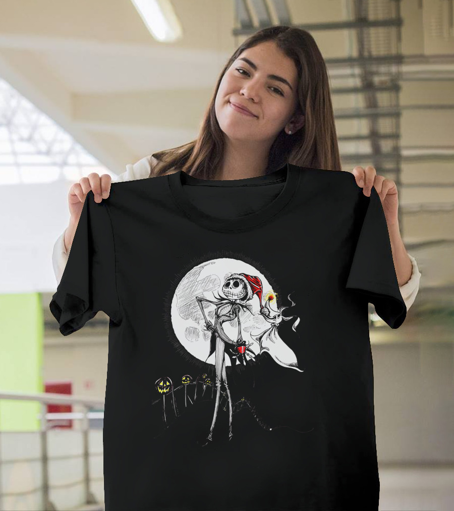 Jack Skellington Zero with Santa Hat and Full Moon Halloween Scene T-Shirt
