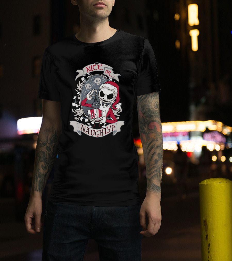 Nice Or Naughty Santa Skeleton With Skull Background T-Shirt