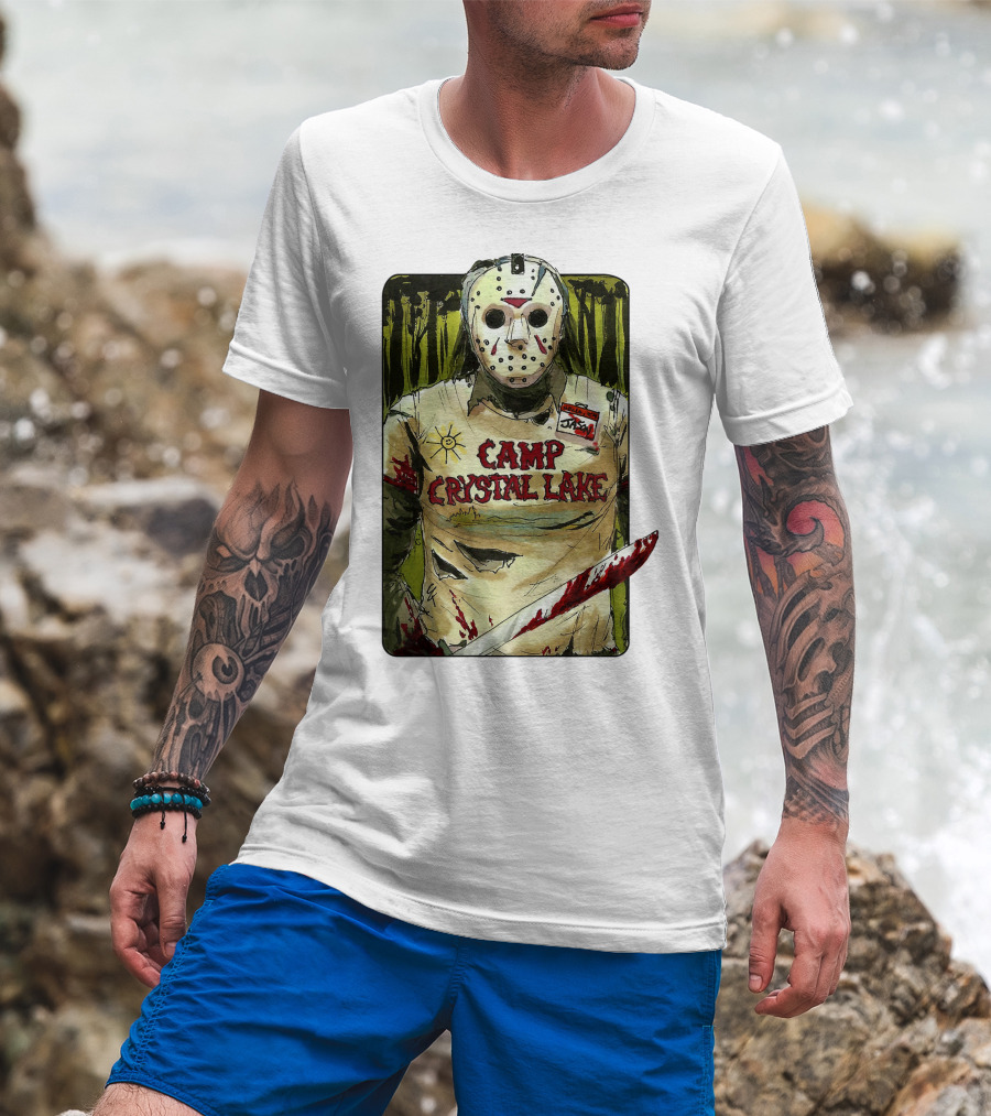 Jason Camp Crystal Lake Horror Mask Blood Stained Machete T-Shirt