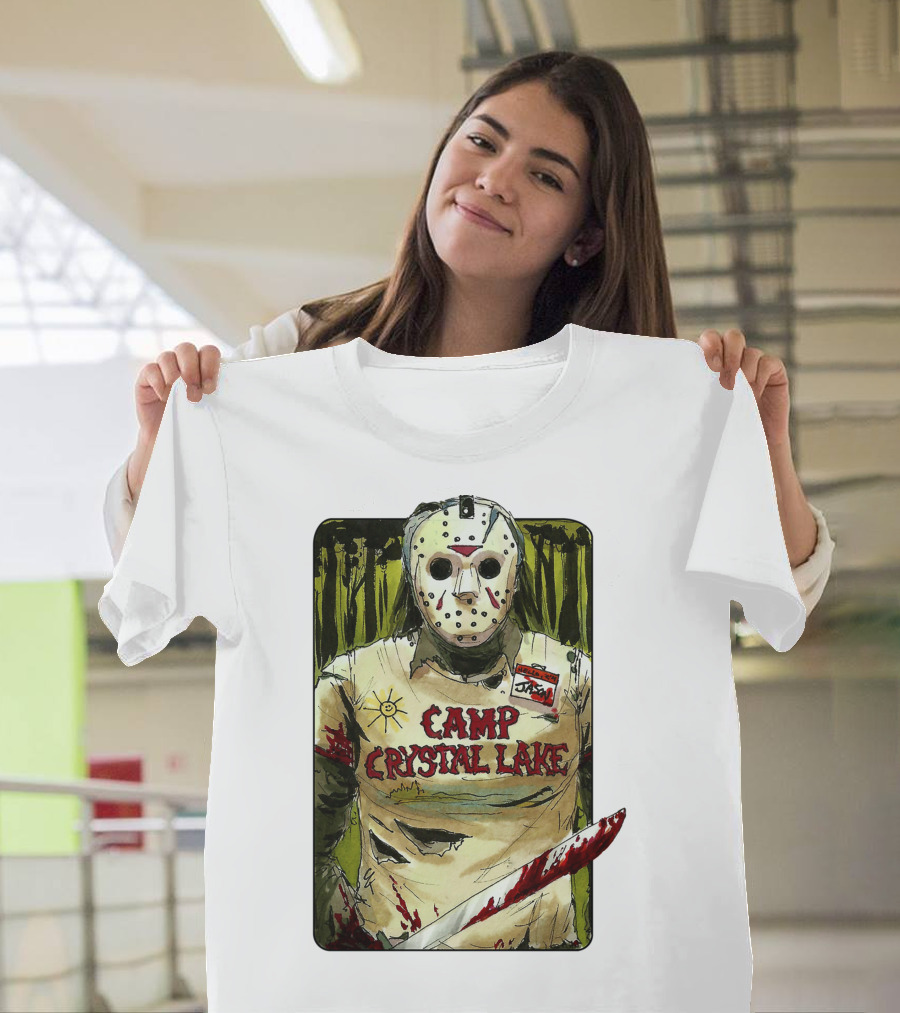 Jason Camp Crystal Lake Horror Mask Blood Stained Machete T-Shirt