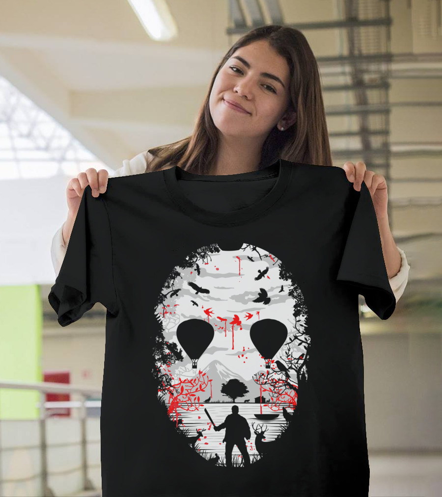 Jason Voorhees Camp Crystal Lake Mask Silhouette Counselor Scene T-Shirt