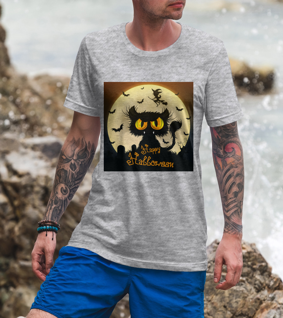 Starry Halloween Cat With Witch And Bats T-Shirt