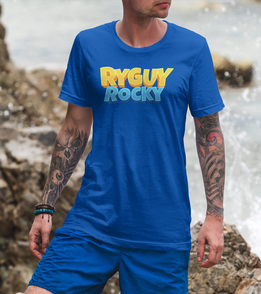 RYGUYROCKY Bold Text Logo Blue Background T-Shirt