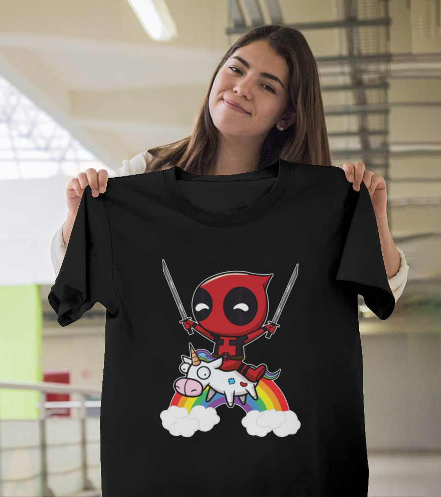 Chibi Deadpool Riding Epic Rainbow Unicorn With Dual Katanas T-Shirt