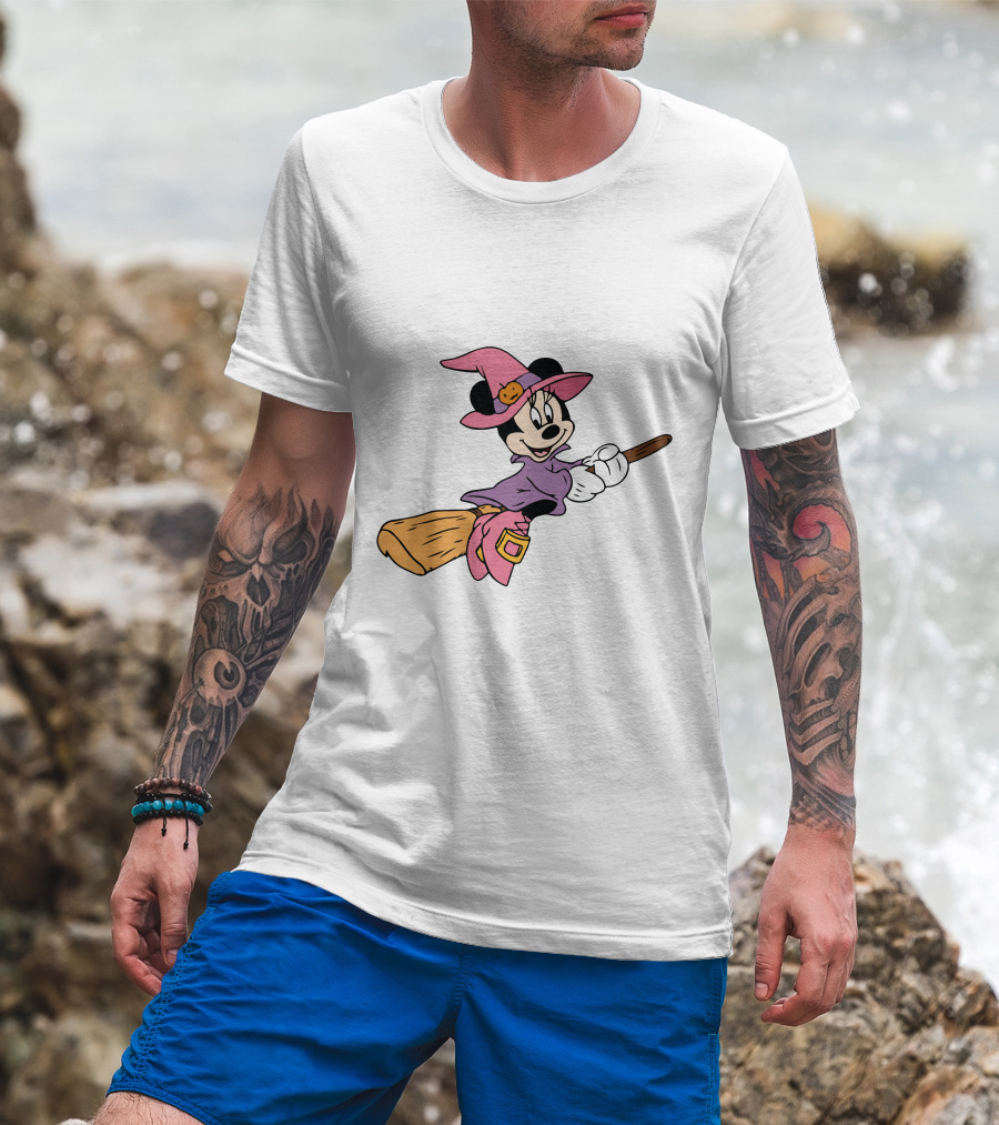 Mouse Witch Pumpkin Hat Broom Halloween Party T-Shirt