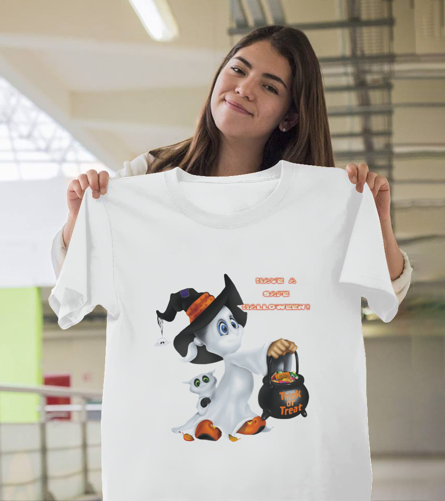 Have a Safe Halloween Trick or Treat Party Ghost with a Witch Hat and Candy T-Shirt