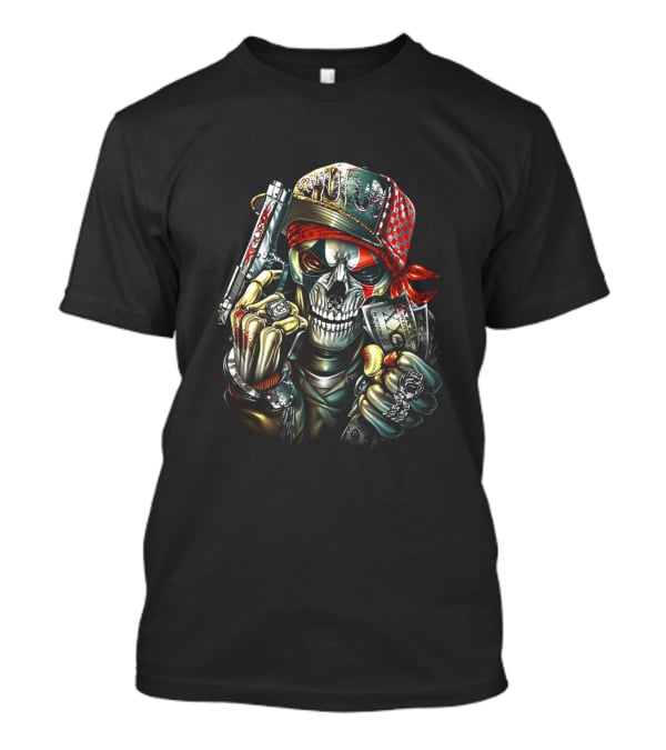 Skull Cap With Gun And Money Holding Skull Face And Knuckle Duster T-Shirt