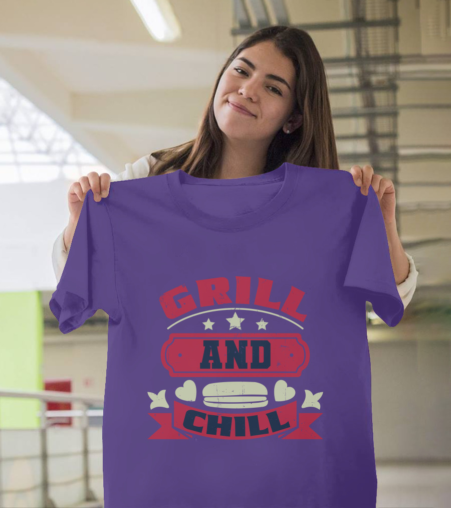 GRILL AND CHILL Stars and Hearts BBQ Burger Banner T-Shirt