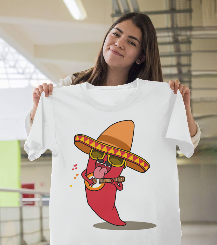 Mexican Chili Pepper Playing Guitar In Sombrero T-Shirt