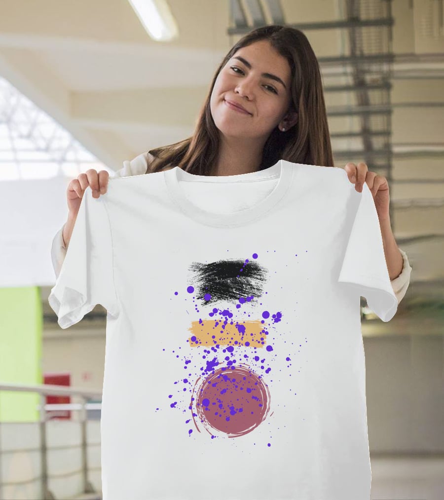 Painting Freestyle Black Yellow Purple Splatter Circle T-Shirt