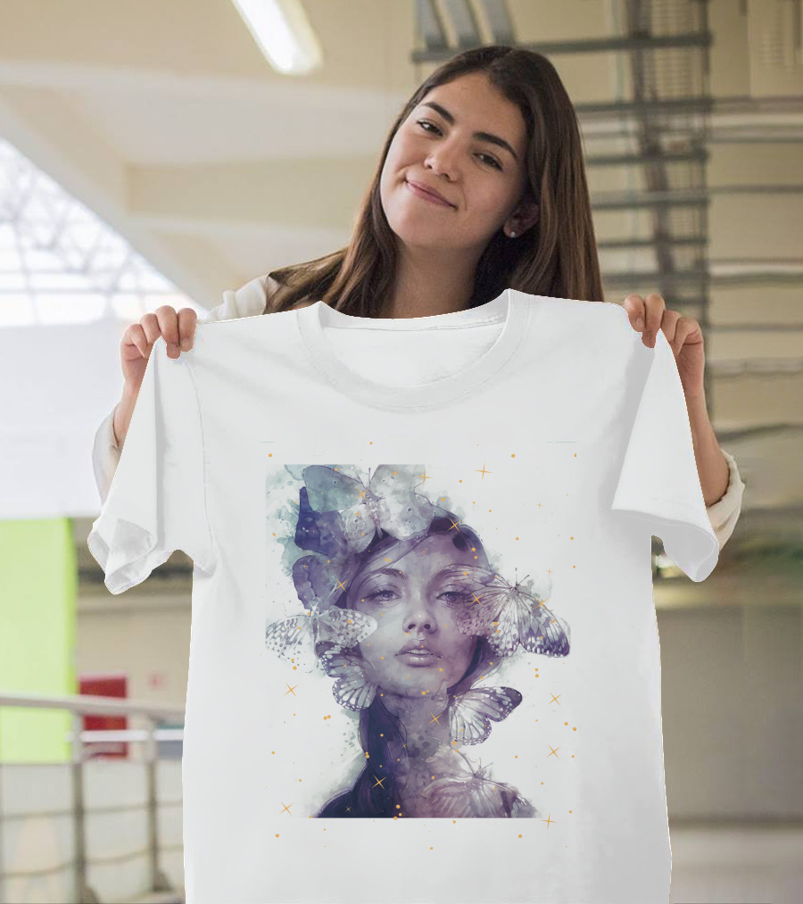 Butterfly And Girl Dreamy Watercolor Portrait With Stars T-Shirt