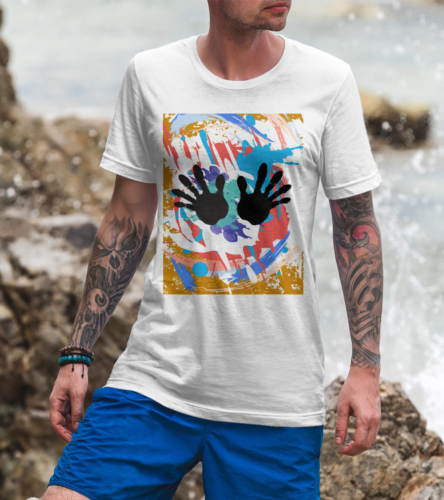 Colorful Splash With Black Handprints T-Shirt