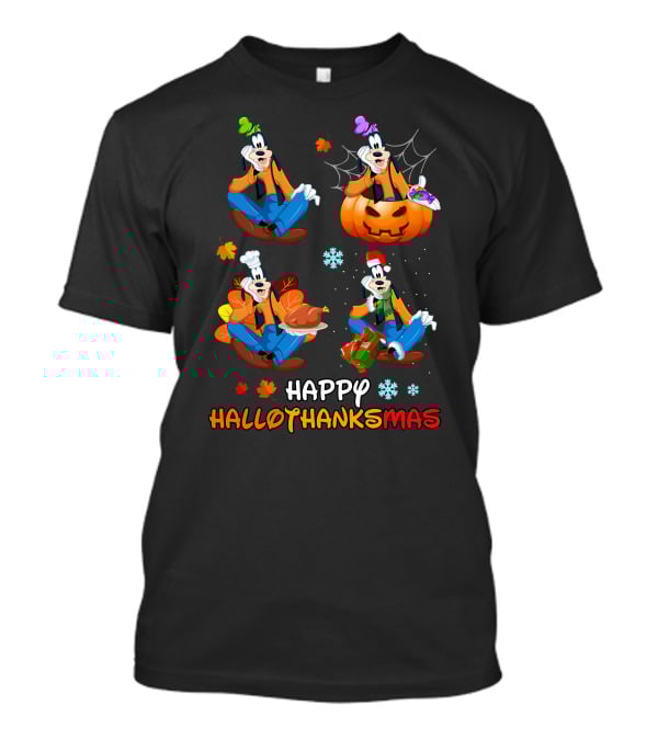 Happy Hallothanksmas Goofy Pumpkin Turkey Gift Leaves Snowflakes T-Shirt