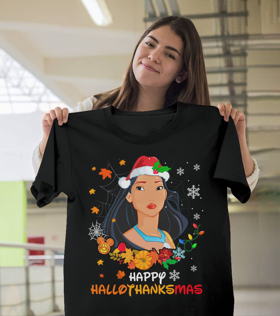 Happy Hallothanksmas Pocahontas Santa Hat Pumpkin Leaves Snowflakes T-Shirt