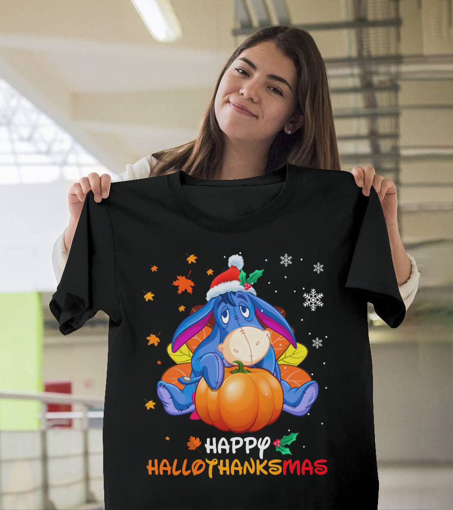 Happy Hallowthanksmas Eeyore Pumpkin Santa Hat Snowflakes Leaves Holiday T-Shirt