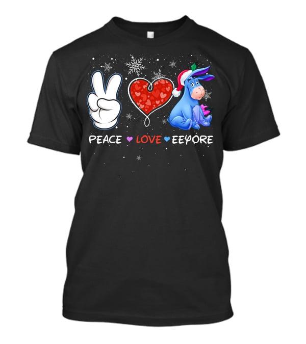 Peace Love Eeyore Santa Hat Winter Snowflakes T-Shirt