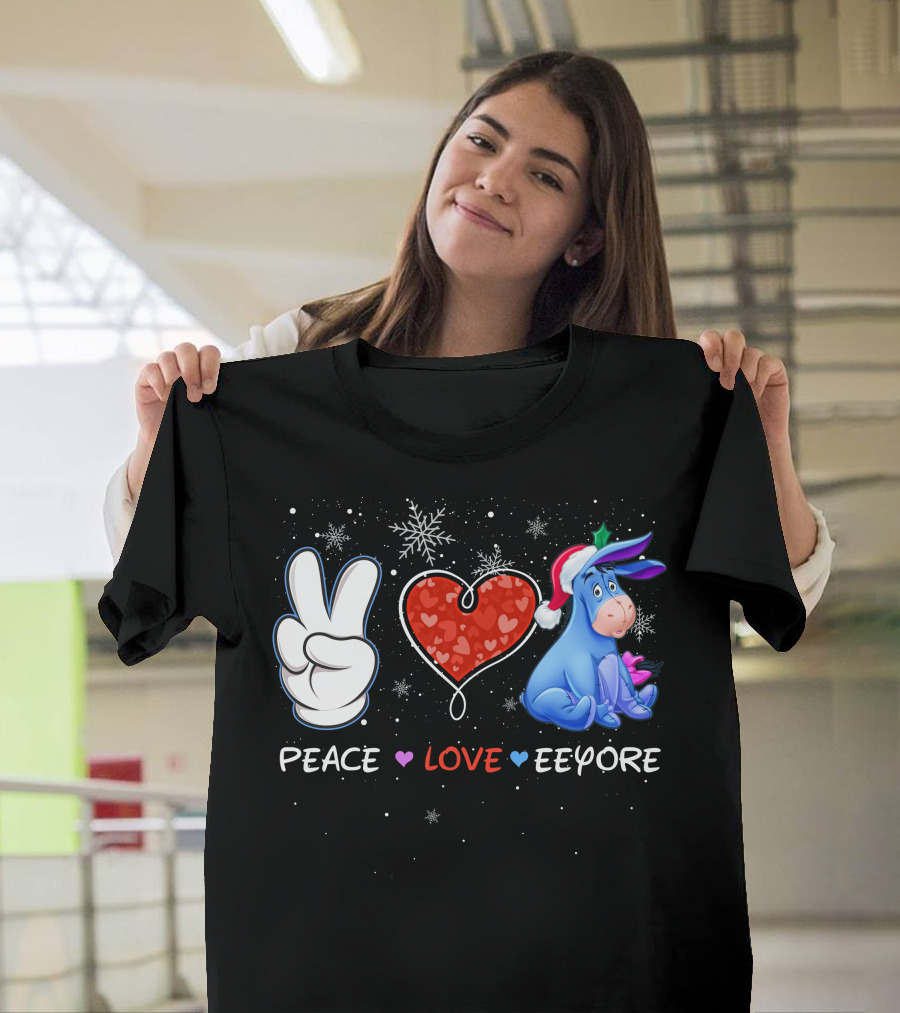 Peace Love Eeyore Santa Hat Winter Snowflakes T-Shirt