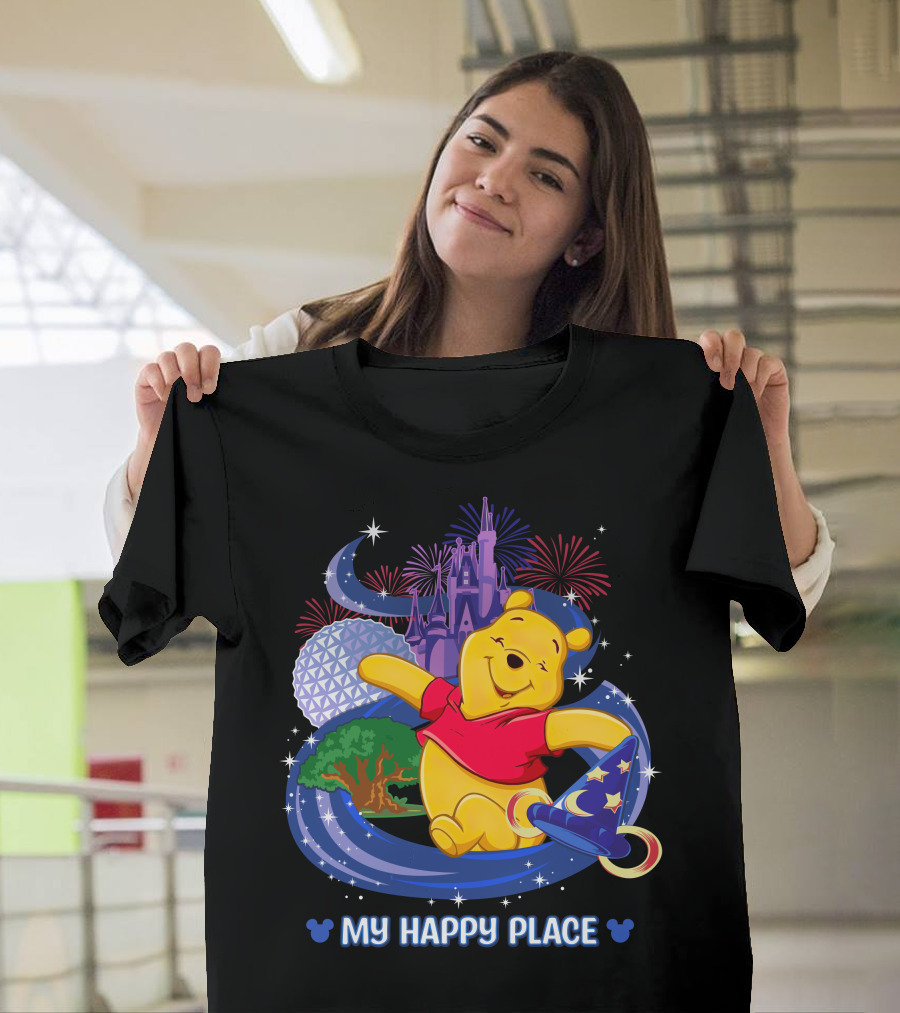 Pooh My Happy Place Disney Fireworks Castle Epcot Sorcerer's Hat T-Shirt