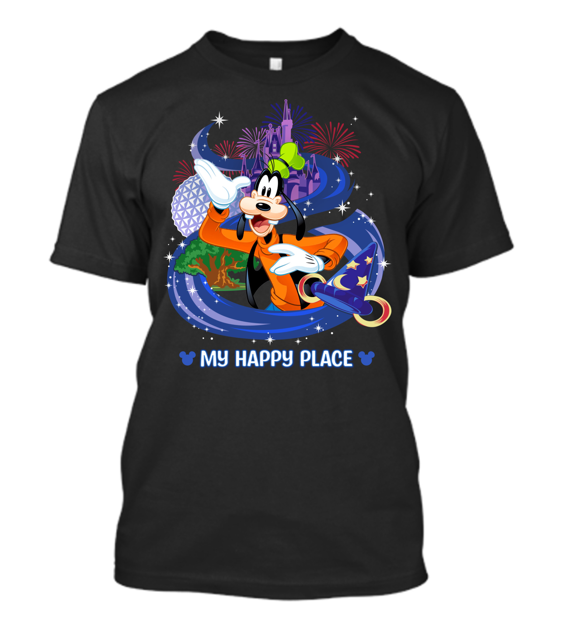 Goofy My Happy Place Disney Fireworks Epcot Sorcerer Mickey's Hat T-Shirt