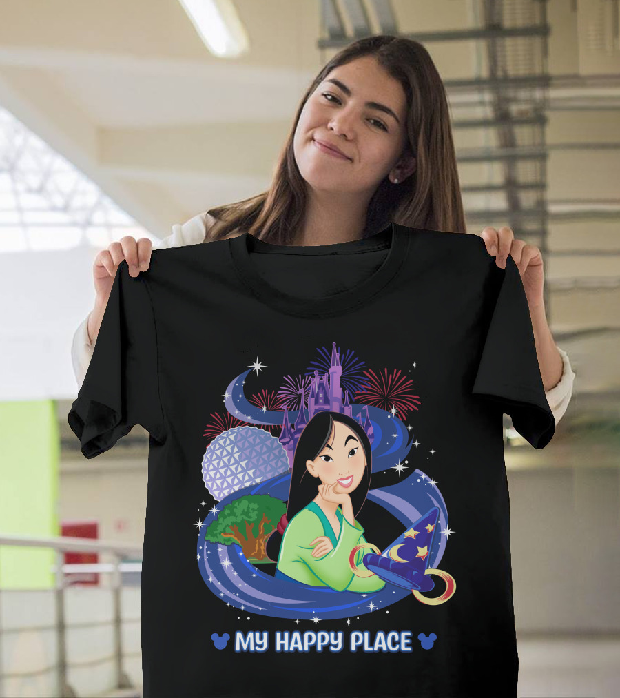 Mulan My Happy Place with Fireworks and Disney World Elements T-Shirt