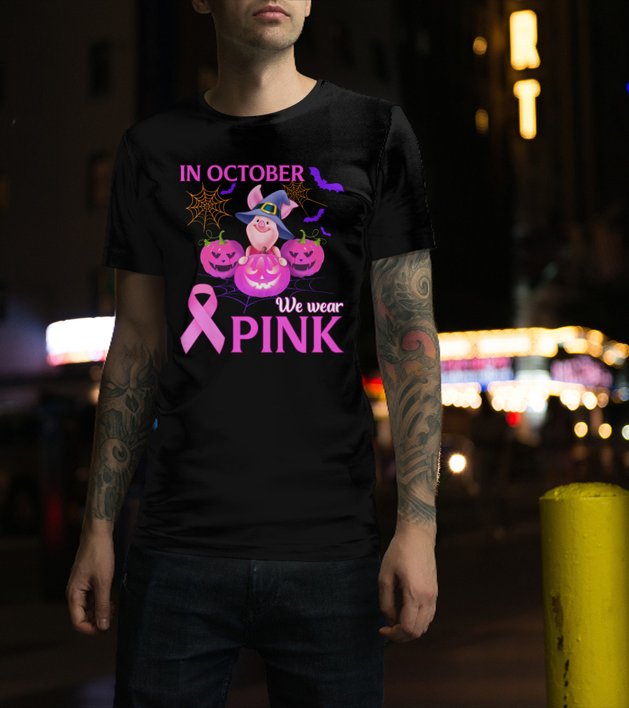 In October We Wear Pink Piglet Breast Cancer Awareness Halloween Pumpkins T-Shirt