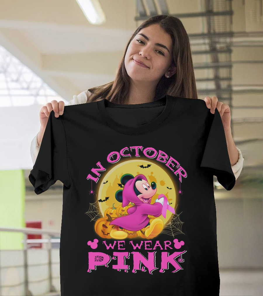 In October We Wear Pink Mickey Mouse Halloween Pumpkin Bats T-Shirt