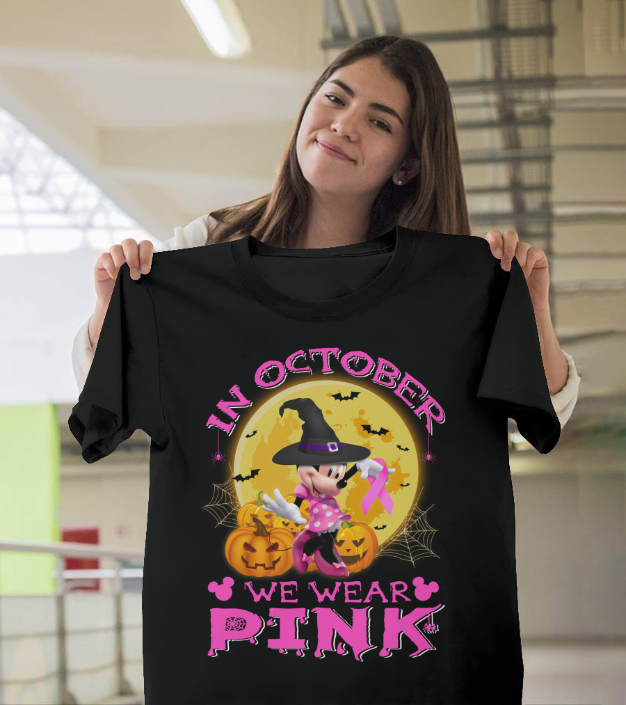 Minnie In October We Wear Pink Halloween Pumpkins Bats T-Shirt