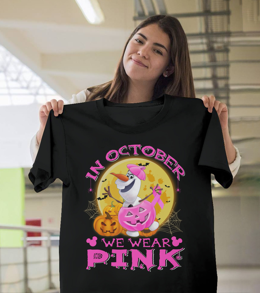In October We Wear Pink Olaf Halloween Pumpkins And Bats T-Shirt