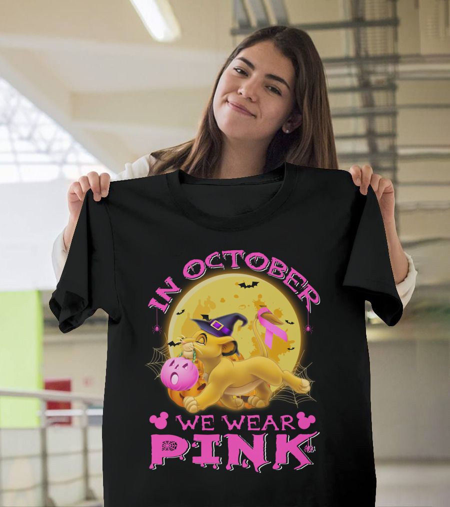 In October We Wear Pink Simba Halloween Breast Cancer Awareness T-Shirt