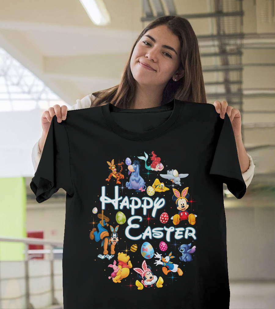 Happy Easter Disney Mickey Minnie Winnie Stitch Goofy Eeyore Ariel Dumbo Tigger T-Shirt