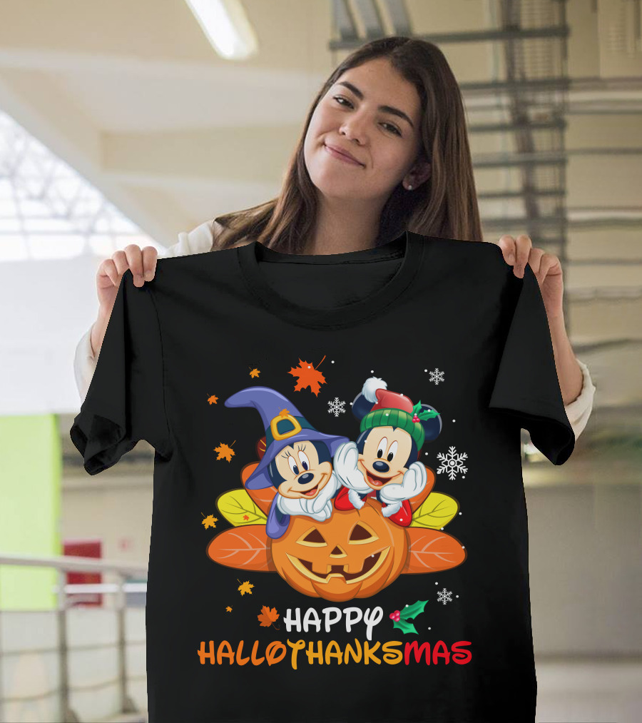 Happy Hallothanksmas Mickey Minnie Jack-O'-Lantern Holly Snowflakes Leaves T-Shirt