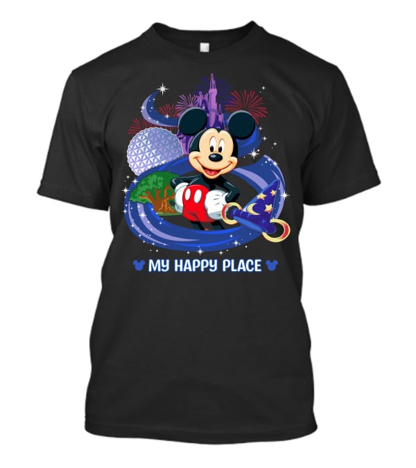 Mickey My Happy Place Disney Castle Fireworks Sorcerer's Hat T-Shirt