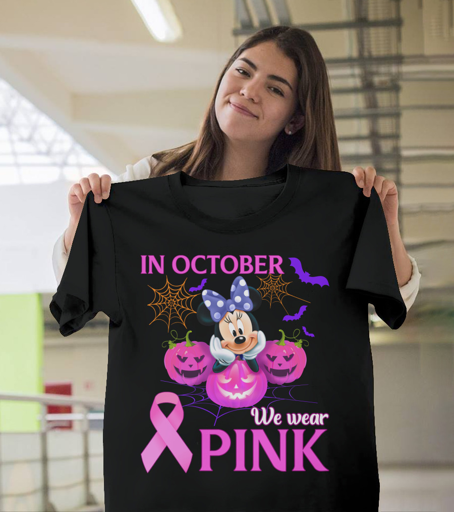 In October We Wear Pink Minnie Bow Pumpkins Ribbon Bats Halloween T-Shirt
