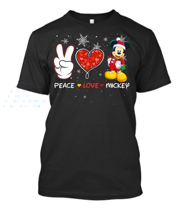 Peace Love Mickey Christmas Holiday Snowflakes Santa Hat T-Shirt