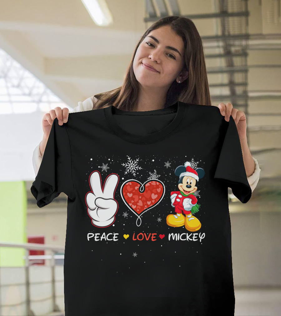 Peace Love Mickey Christmas Holiday Snowflakes Santa Hat T-Shirt