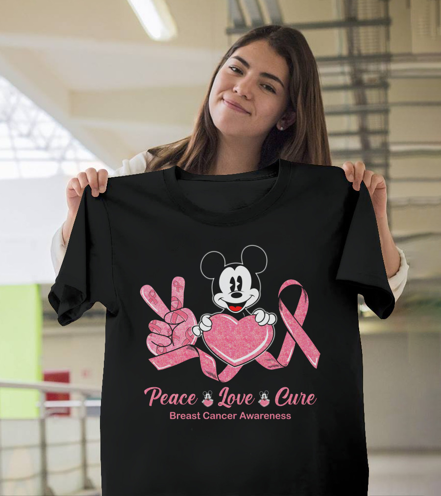 Peace Love Cure Breast Cancer Awareness Mickey Mouse T-Shirt