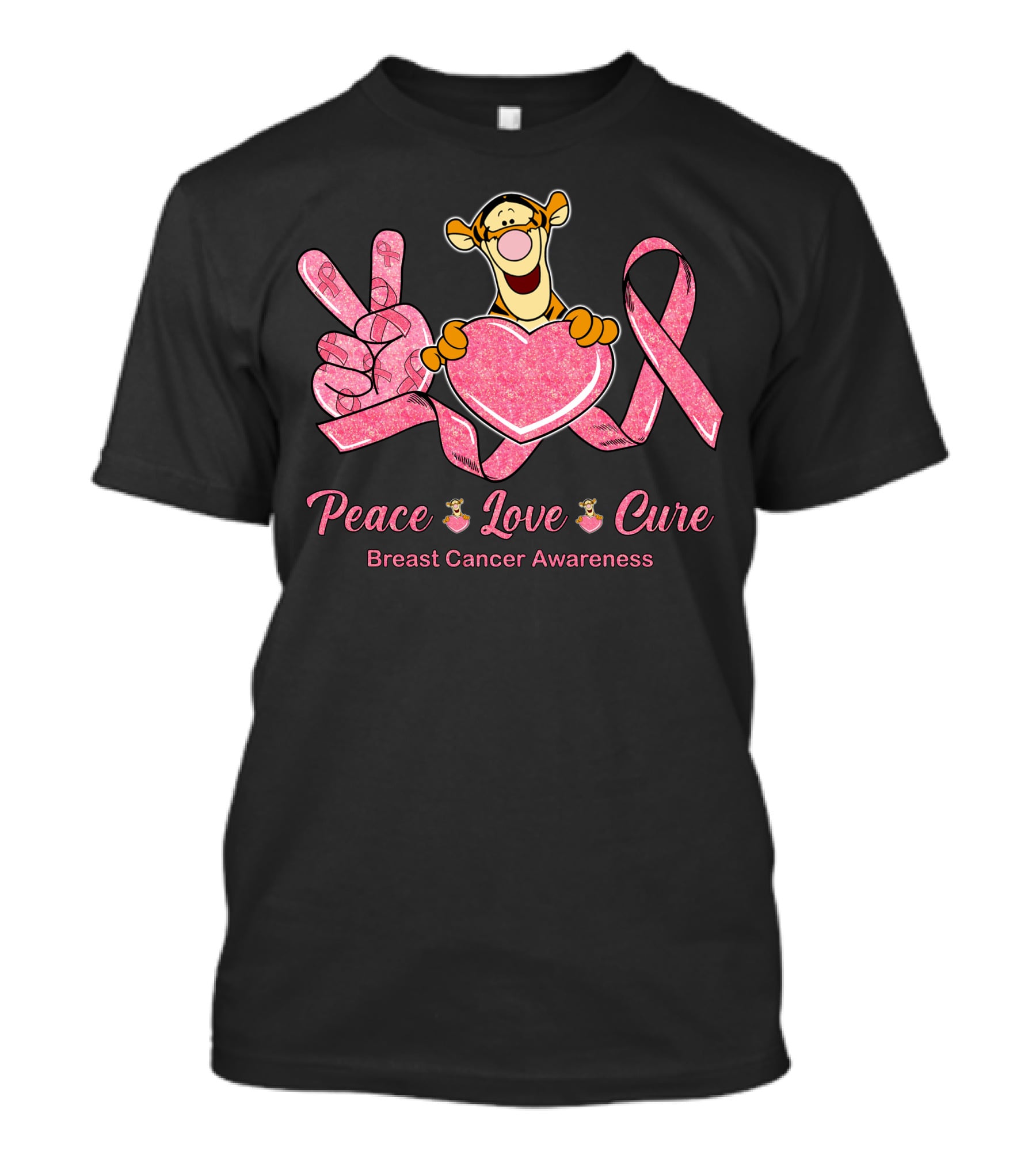 Tigger Holding Heart With Peace Love Cure Breast Cancer Awareness Pink Ribbon T-Shirt