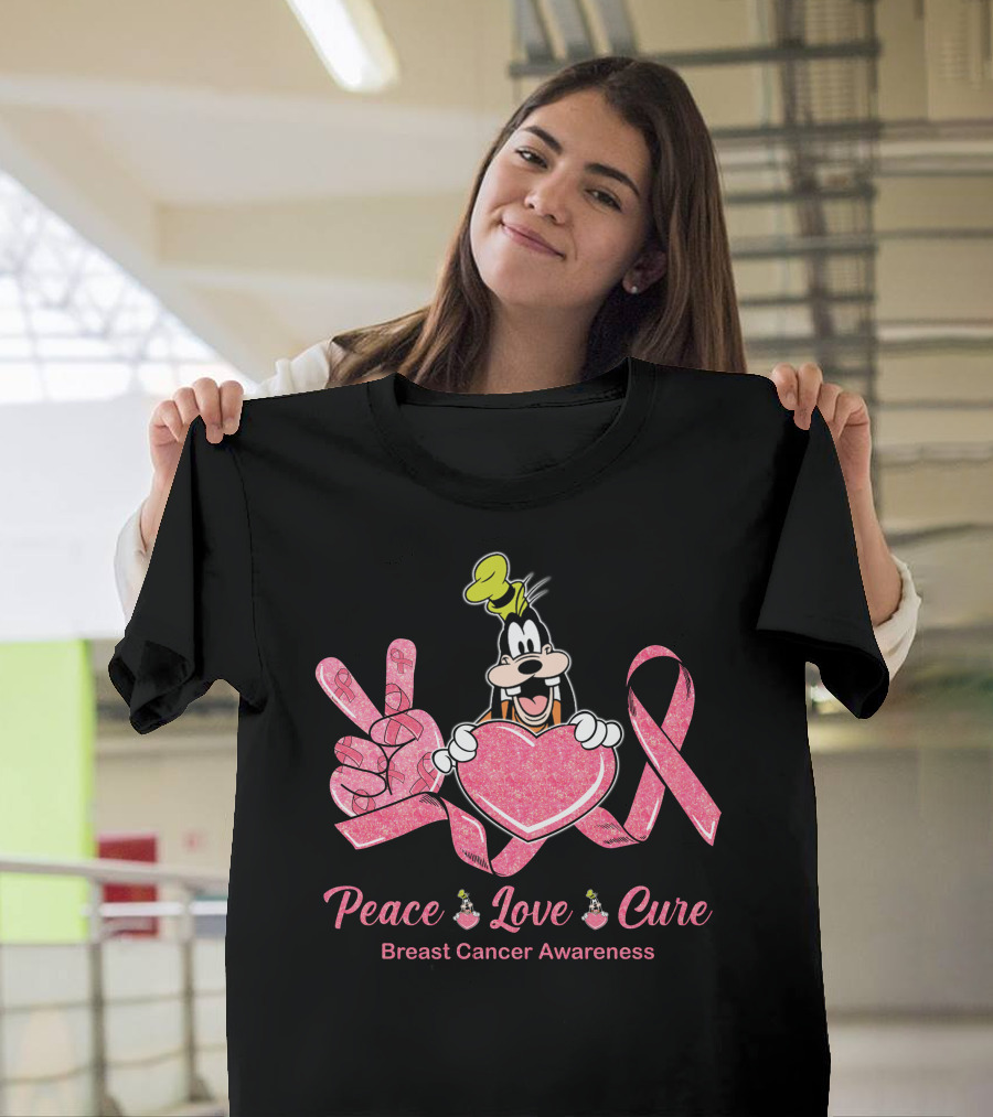 Peace Love Cure Breast Cancer Awareness Goofy T-Shirt