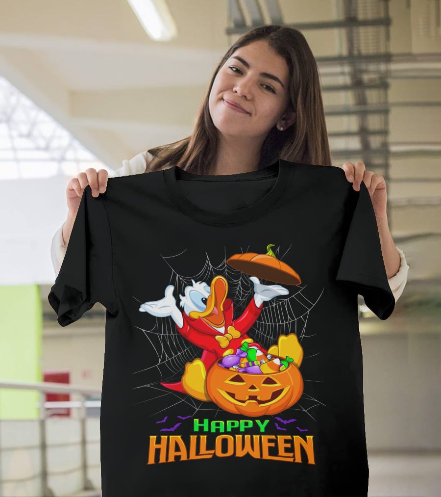 Happy Halloween Donald Duck In Pumpkin Suit With Candy And Spiderweb T-Shirt
