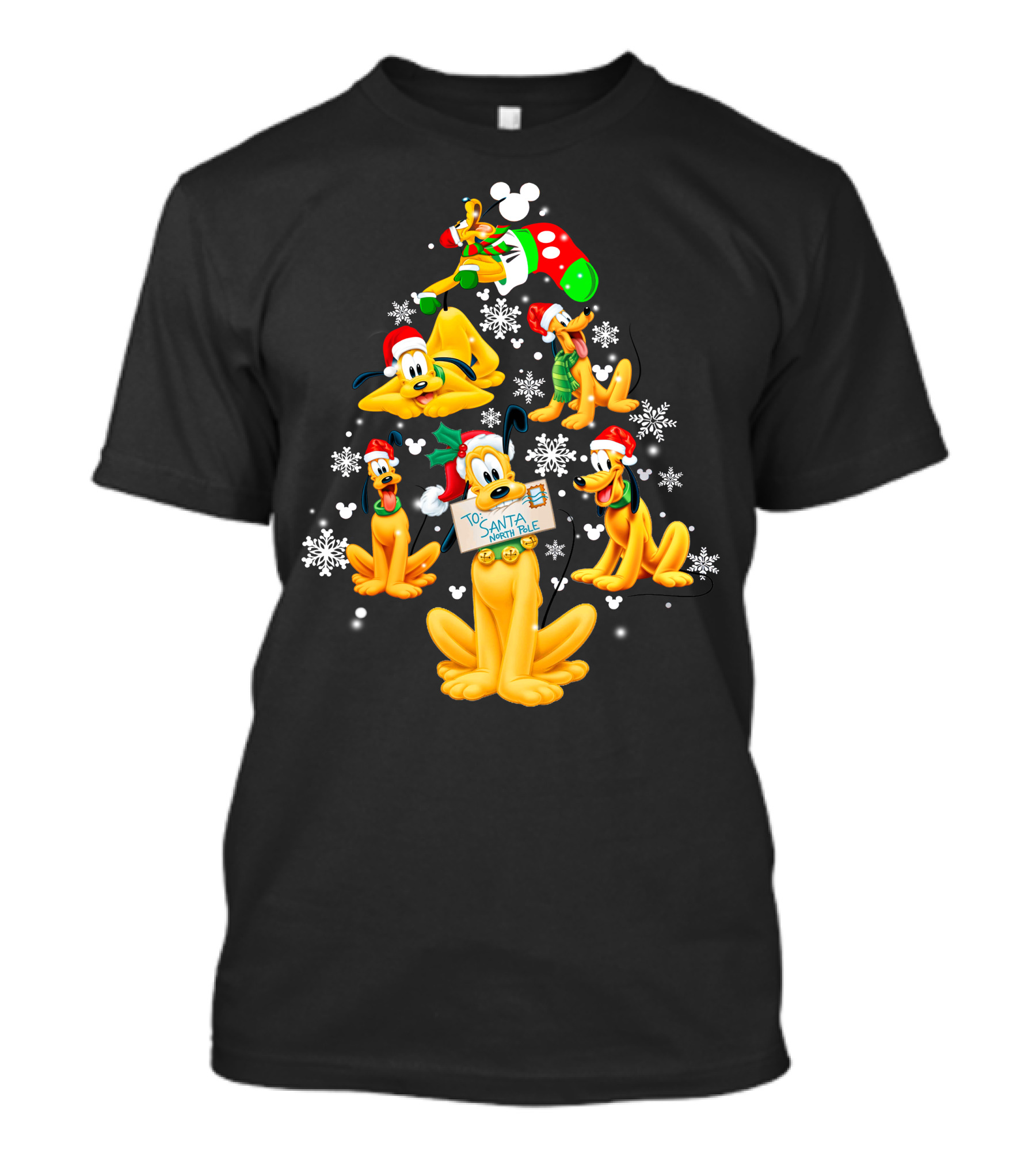 Pluto Christmas Tree Design With Santa Hat And Snowflakes T-Shirt